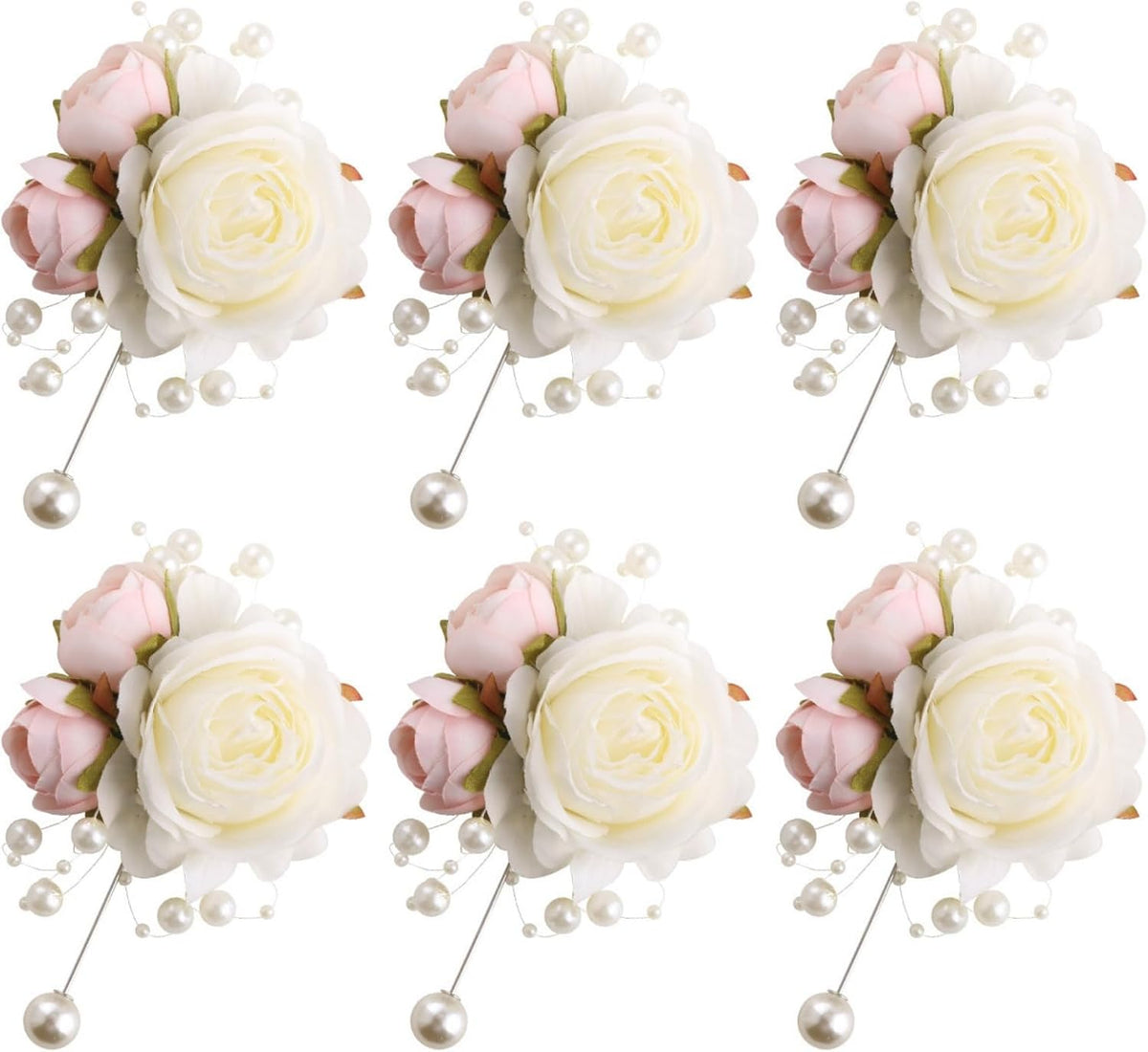 Wrist Corsages Set of 6 for Wedding Bridal Bride Bridesmaid Artificial Hand Flower Corsage Wristlet Band Homecoming Graduation Prom Party Ivory and Pink