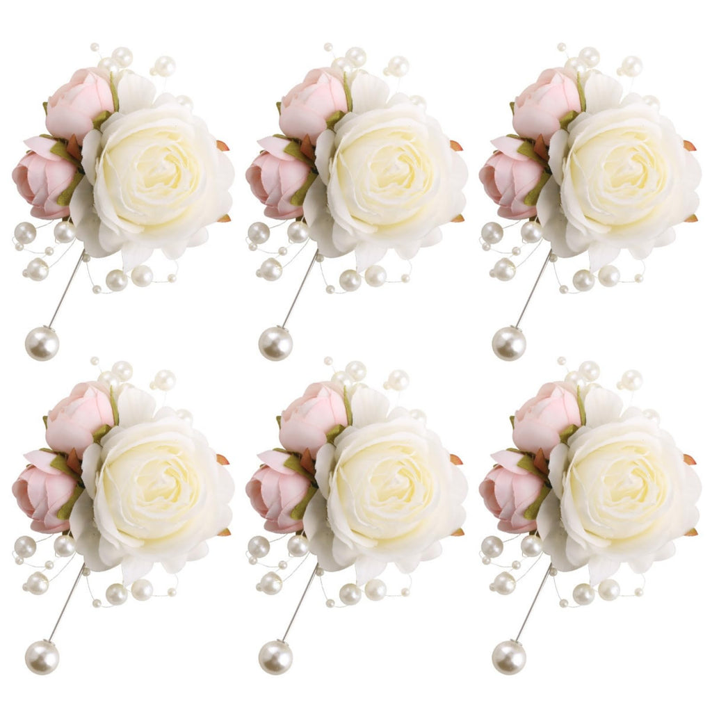 Wrist Corsages Set of 6 for Wedding Bridal Bride Bridesmaid Artificial Hand Flower Corsage Wristlet Band Homecoming Graduation Prom Party Ivory and Pink