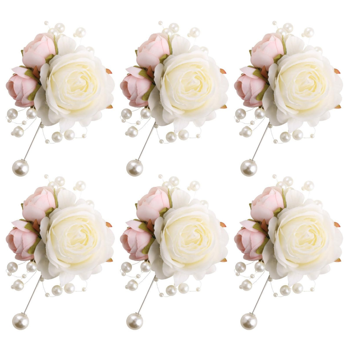 Wrist Corsages Set of 6 for Wedding Bridal Bride Bridesmaid Artificial Hand Flower Corsage Wristlet Band Homecoming Graduation Prom Party Ivory and Pink