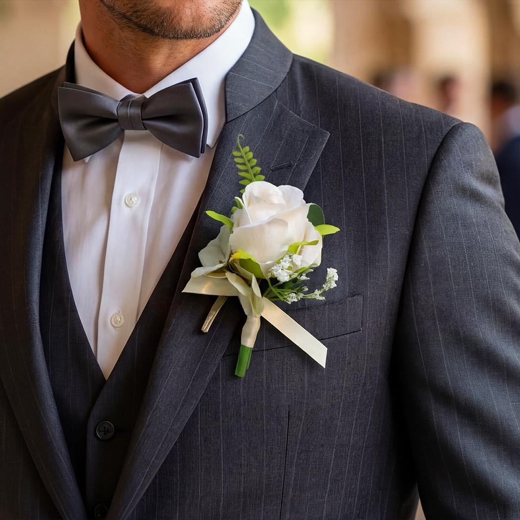Catery White Rose Boutonniere for Men Flowers Boutonniere for Groom