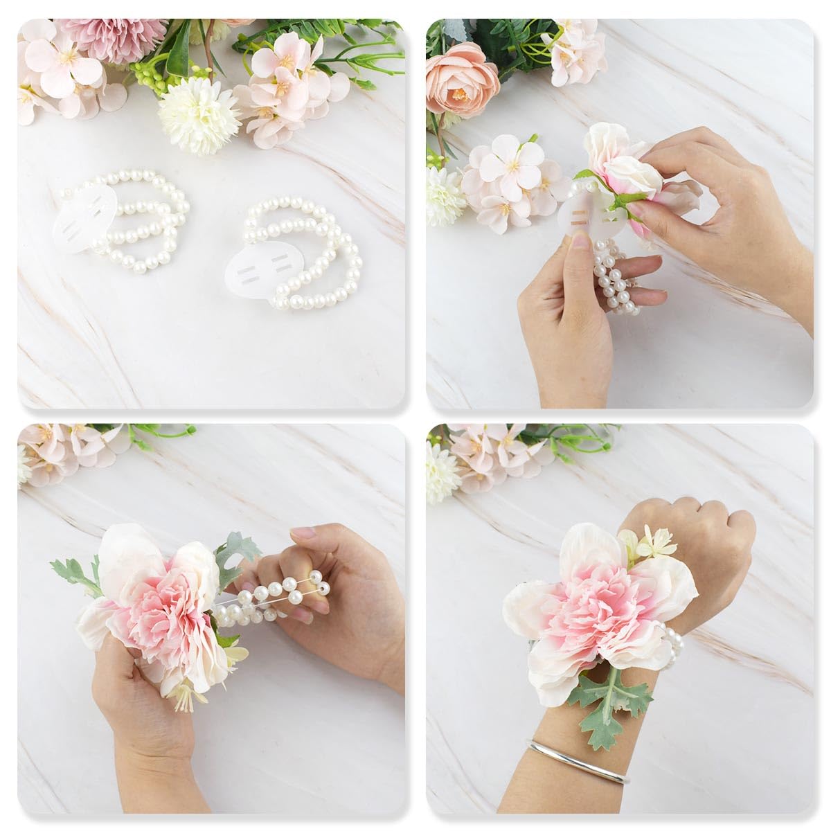 10 Pieces Pearl Corsage Wristlet Bracelet Elastic Wrist Corsages Bands for Wedding Prom Pearl Corsage Bracelet DIY Corsages Accessories for Bride Shower Party Stretch Wristband for Hand Flower (White)