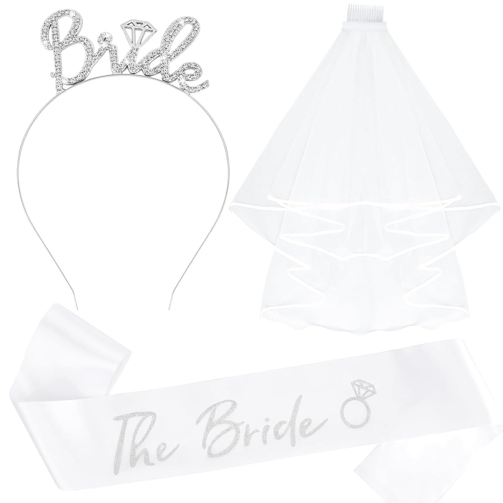 KICOSY Bride Headband and Sash Veil for Bachelorette Party Tiara Veil for Wedding Bridal Shower Hairband With Veil Bridal Sash Wedding Headpiece for Bride
