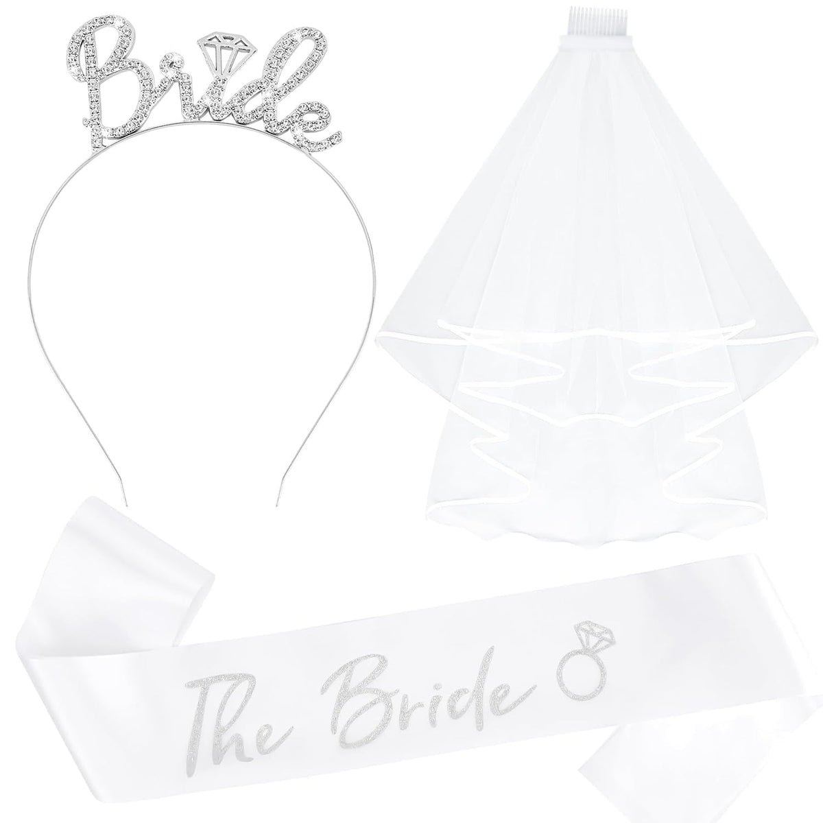 KICOSY Bride Headband and Sash Veil for Bachelorette Party Tiara Veil for Wedding Bridal Shower Hairband With Veil Bridal Sash Wedding Headpiece for Bride