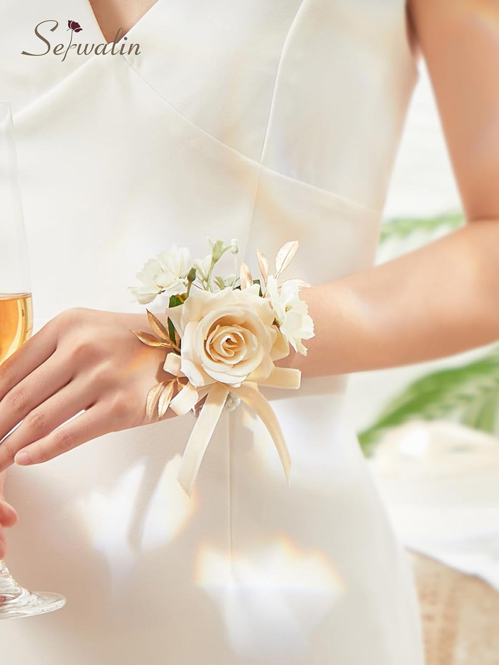 Serwalin 6 Pcs Champagne Rose Wrist Corsage Wristlet for Wedding Prom Party