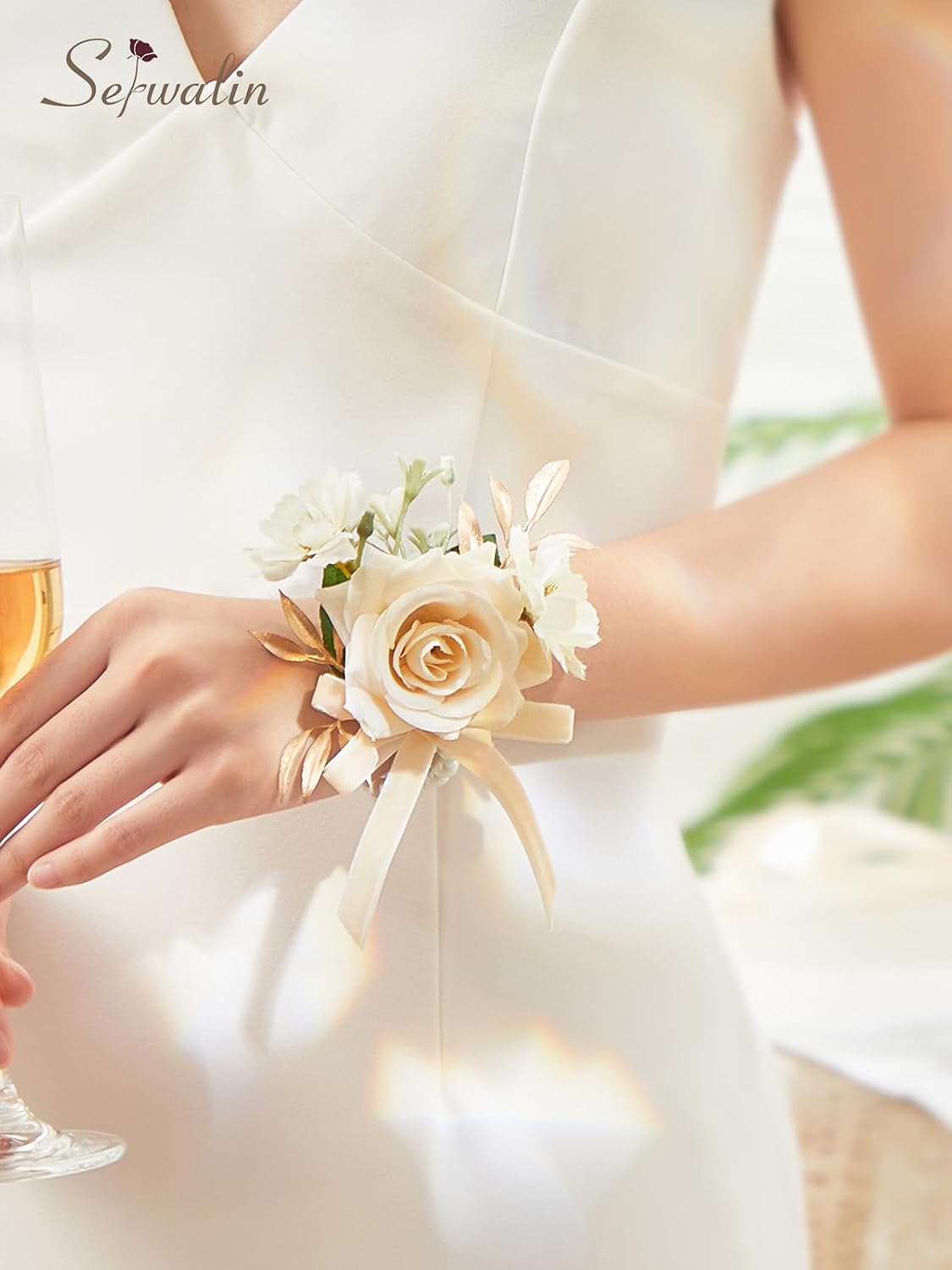 Serwalin 6 Pcs Champagne Rose Wrist Corsage Wristlet for Wedding Prom Party