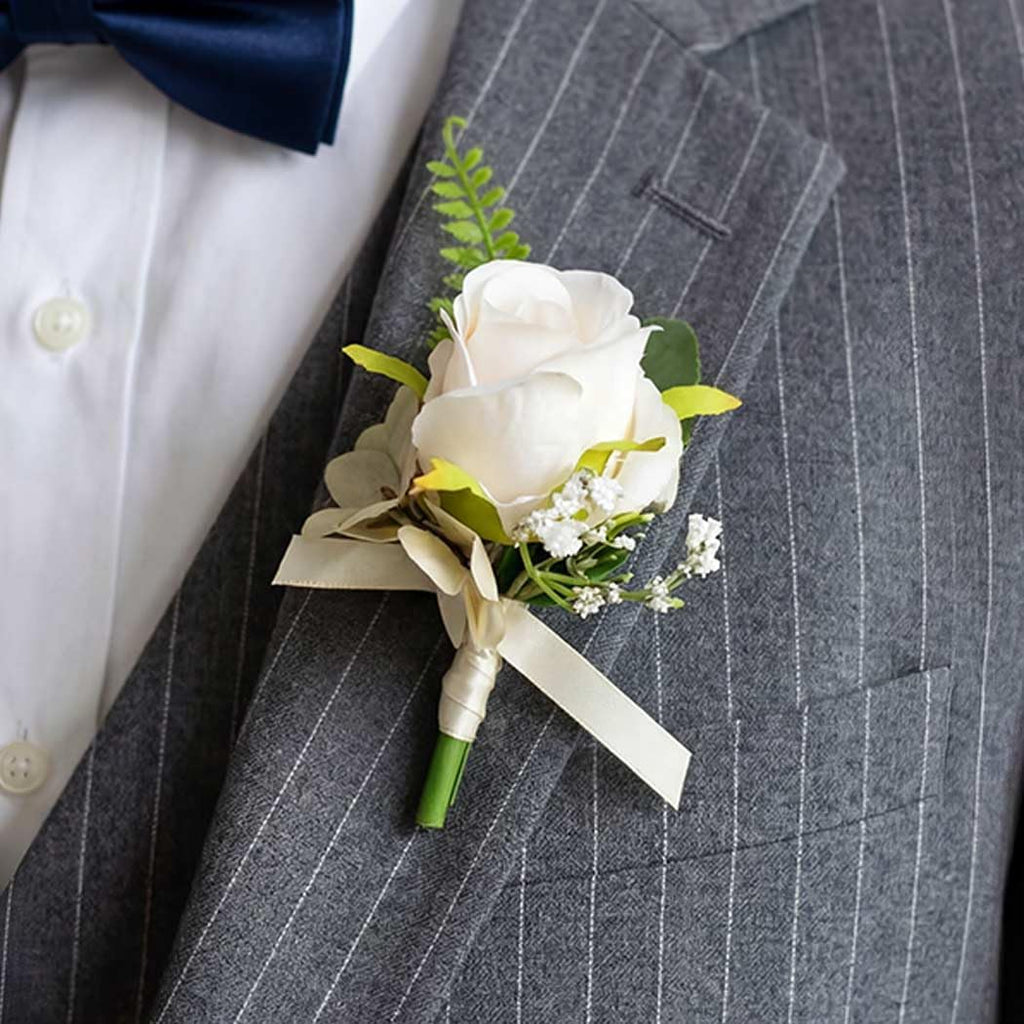 Catery White Rose Boutonniere for Men Flowers Boutonniere for Groom