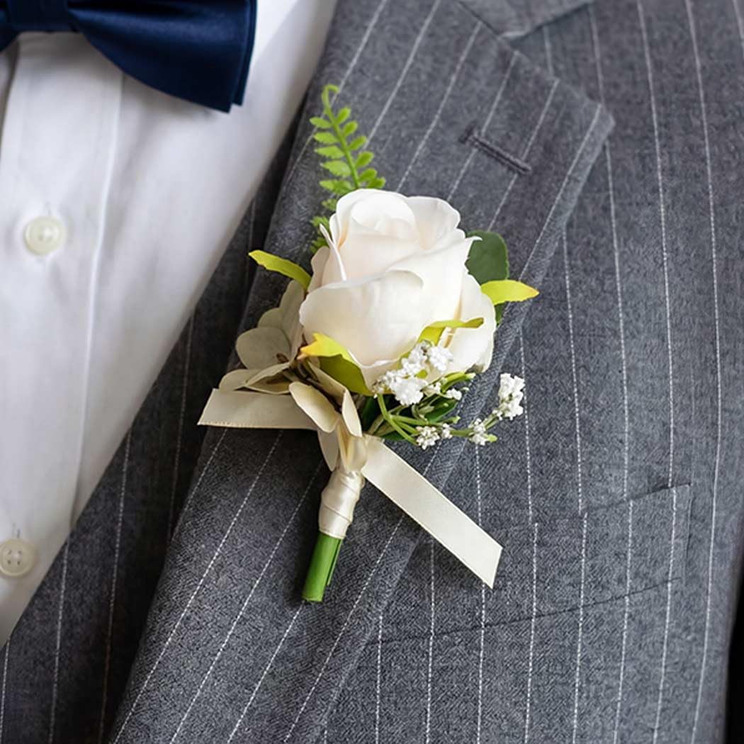 Catery White Rose Boutonniere for Men Flowers Boutonniere for Groom