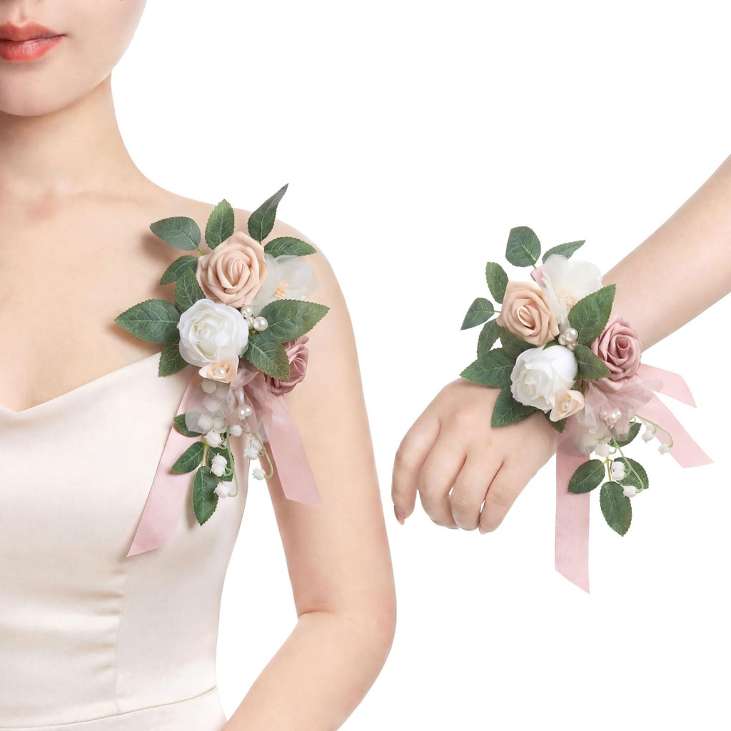 Ling's moment 2pcs Prom Wrist/Shoulder Corsage, Fall Terracotta