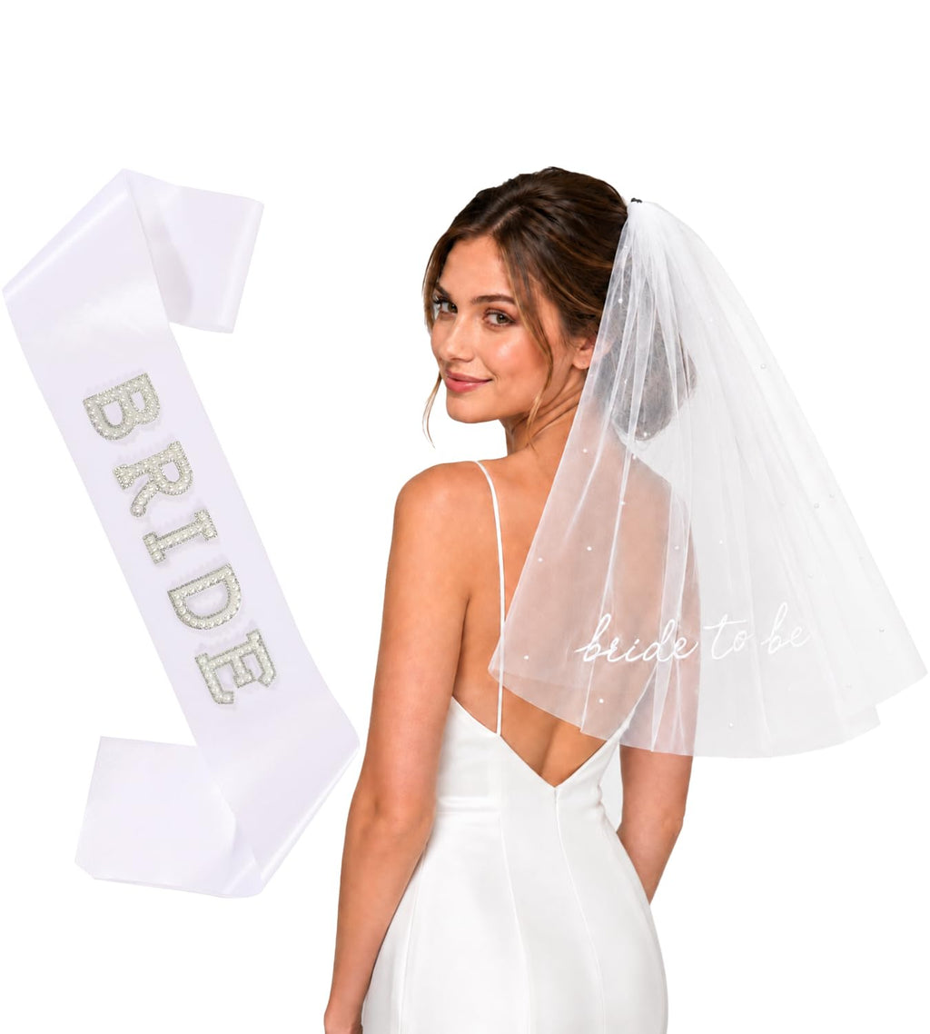 Bride to Be Sash and Veil Set for Bachelorette Party, Bridal Shower Accessories, Engagement Gifts for Bride