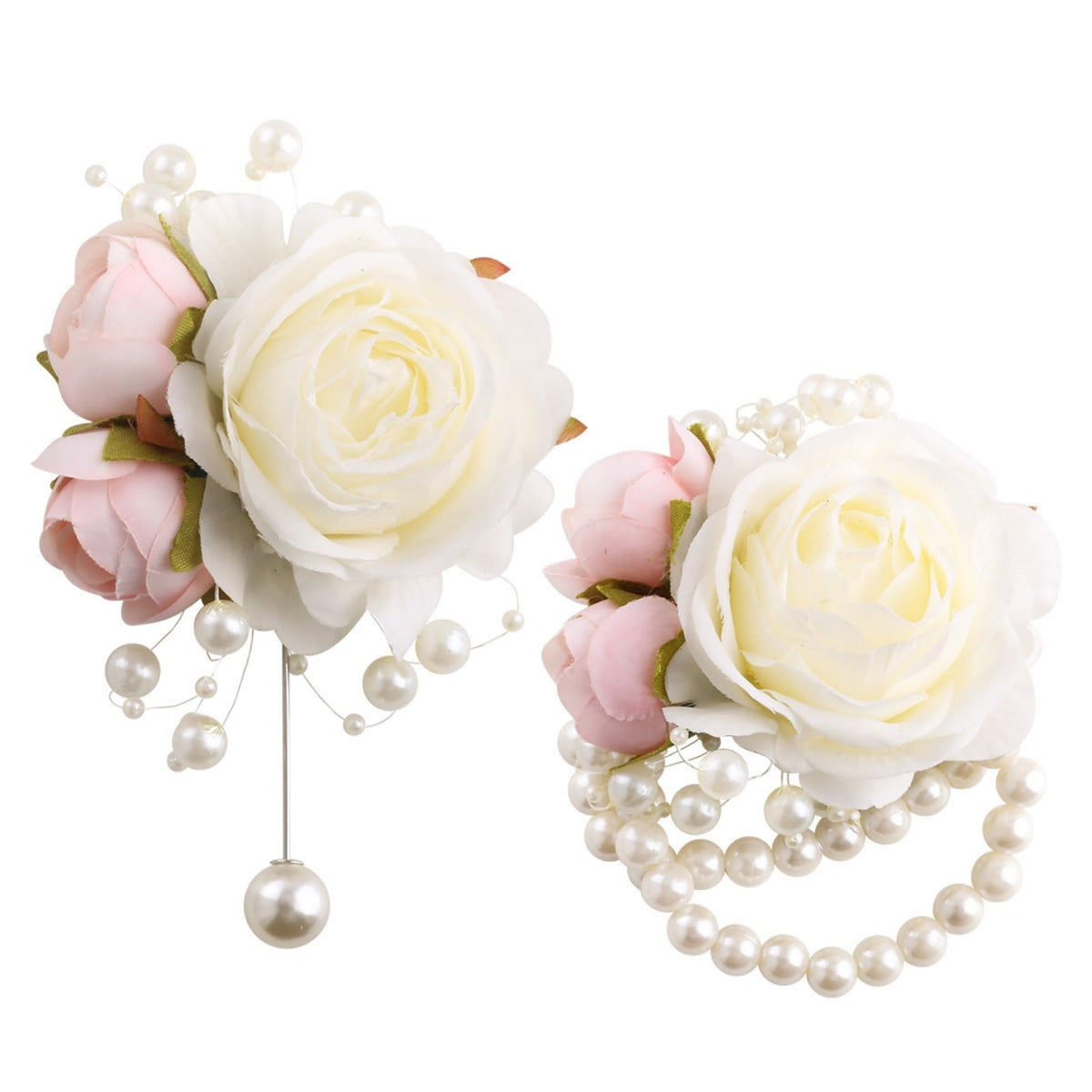 Wrist Corsages Set of 6 for Wedding Bridal Bride Bridesmaid Artificial Hand Flower Corsage Wristlet Band Homecoming Graduation Prom Party Ivory and Pink