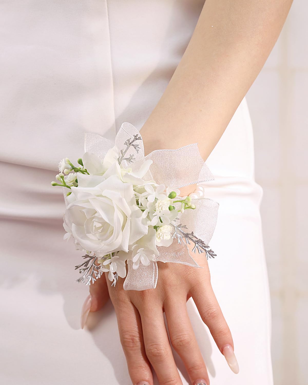 Bethynas Bridal Prom Rose Wrist Corsage Artificial Flower Pearl Wristlet Bridesmaid Hand Flower Bracelet Wristband for Wedding Ceremony Party (Pearl Flower - White)