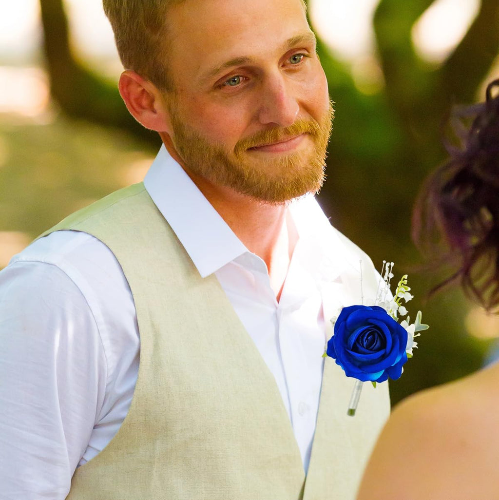 1Pc Royal Blue & White Boutonniere for Men Wedding Prom Suit Flower