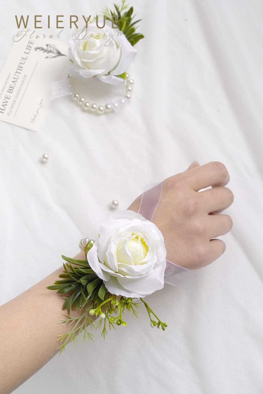 White Rose Wrist Flowers and Men's Corsage Wedding Flowers Ceremony,2Pcs Boutonniere Buttonholes and Wrist Corsage Wristband Roses Wrist Corsage (2pcs White Wrist Corsages)