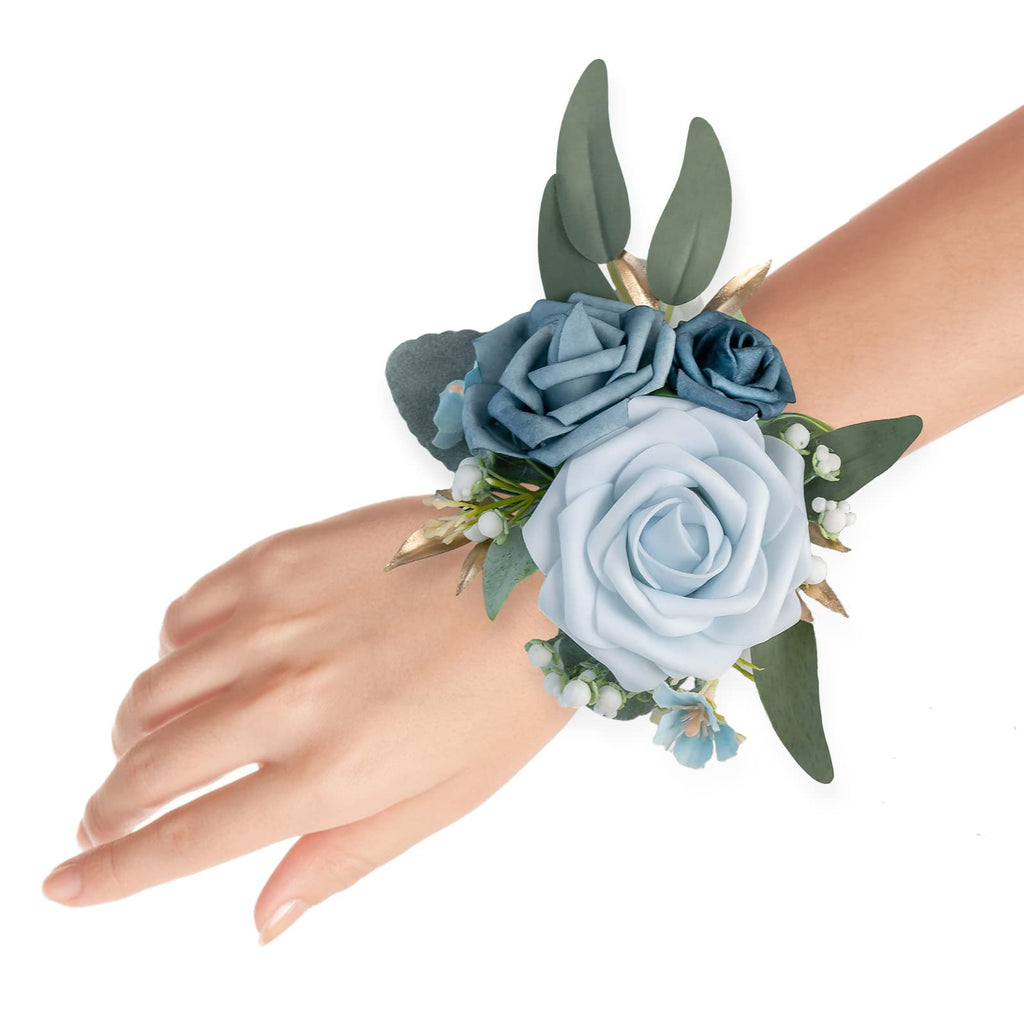 Set of 2 Wrist Corsage Wristlet for Wedding Bridesmaid Mother Grandmother for Bridal Shower Wedding Artificial Roses Flower Prom (Dusty Blue)