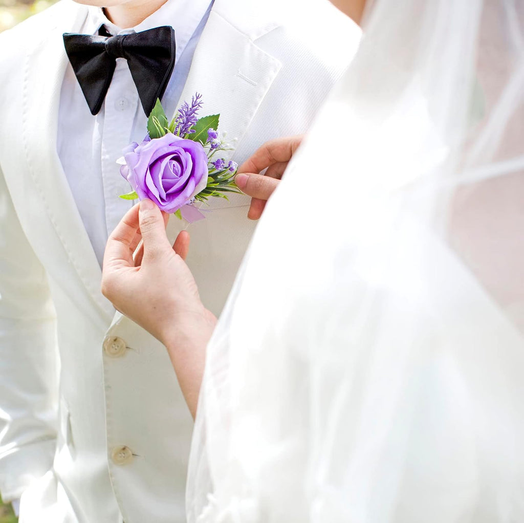 1Pc Single Purple Lavender Boutonnieres for Men Wedding Prom, Artificial Rose Lilac Flower Groom and Groomsmen Boutonniere for Wedding Homecoming Ceremony Anniversary, Formal Dinner Party