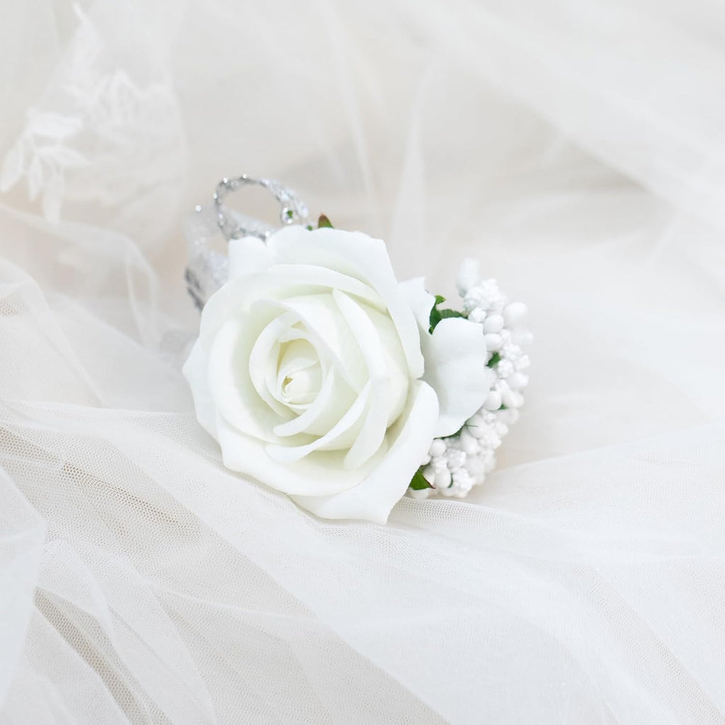 2Pcs White Rose Corsage and Boutonniere Set, Corsage Wristlet Band for Prom Decorations, Artificial Boutonniere for Men Wedding Party Suit Flower Accessories
