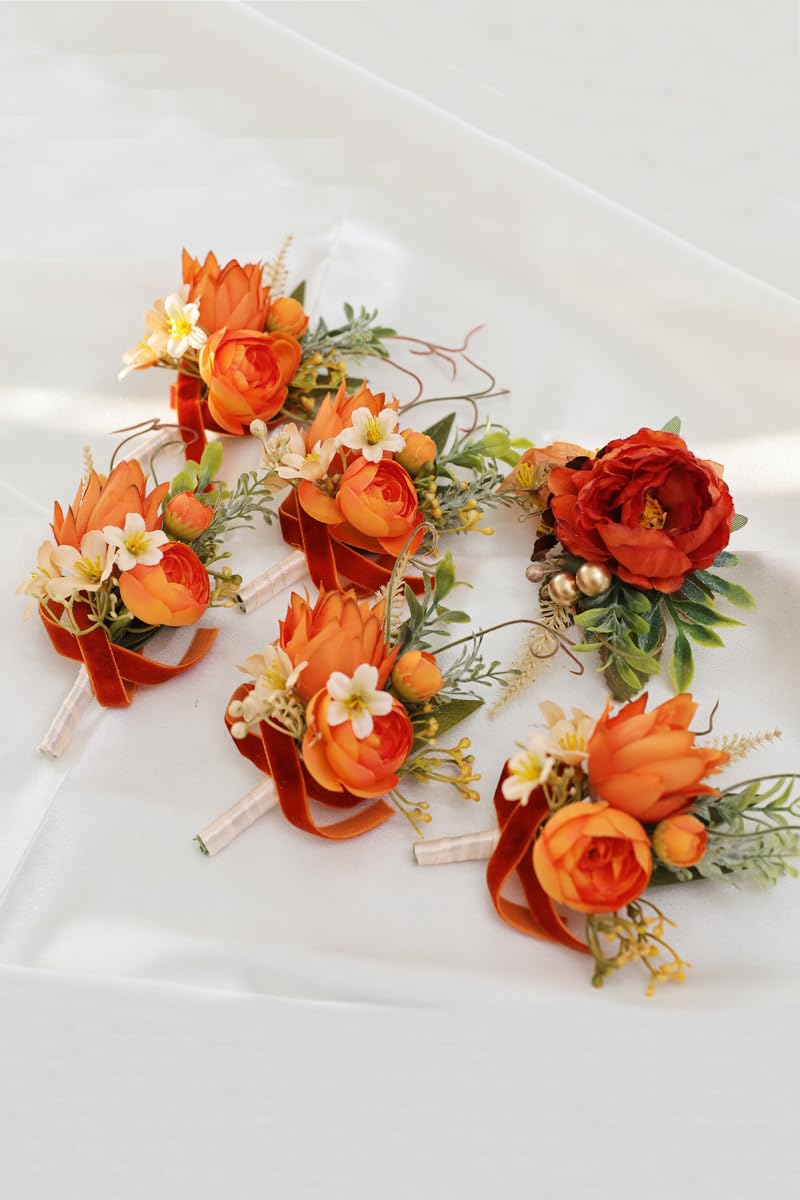 Autumn Caramel Orange Wedding Corsage Set, 6 Pieces, Groom's Boutonniere, Best Man's, Guest Corsages