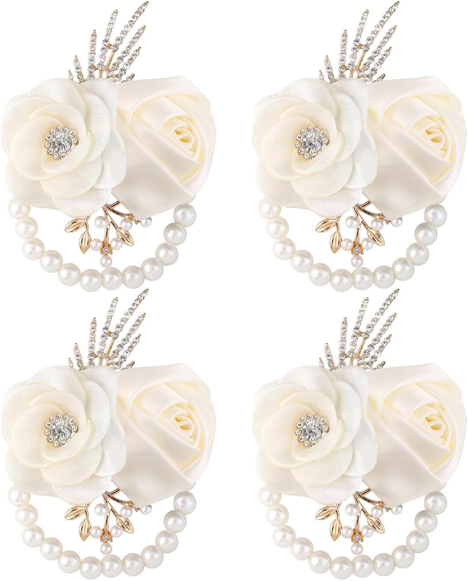 Bride Bridesmaids Rose Wrist Corsage Girls Ladies Accessories,Wrist Flower for Prom, Homecoming Dinner Parties, Weddings. (4, Ivory)