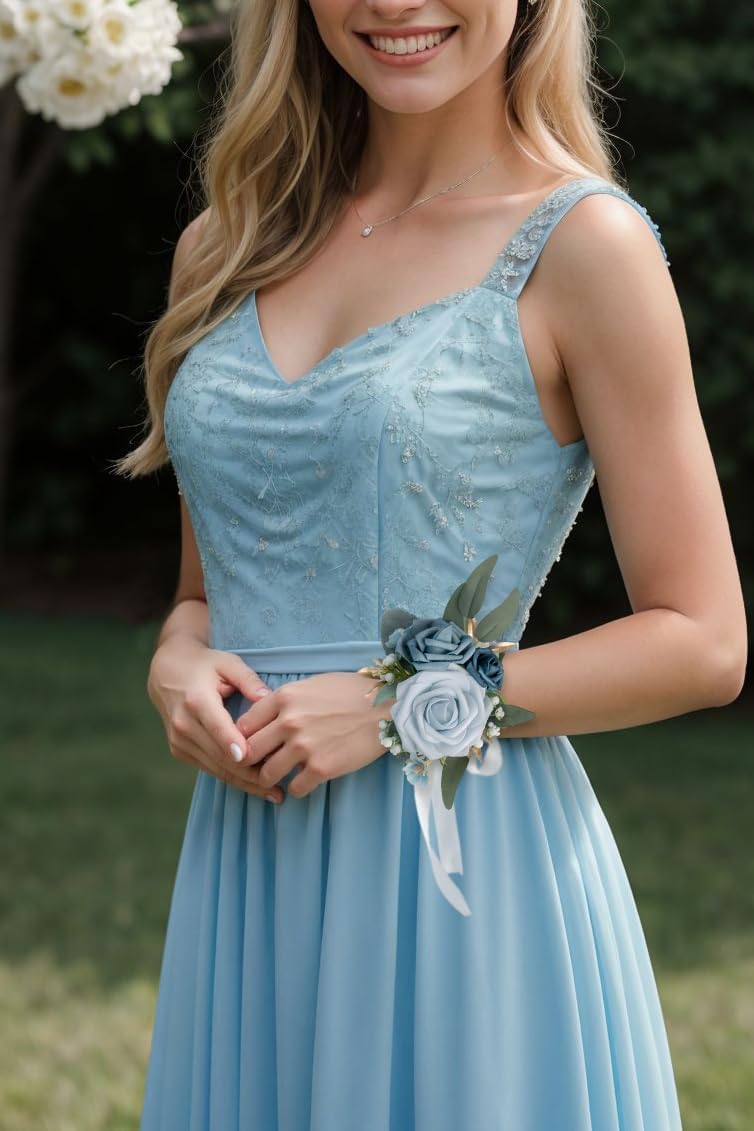 Set of 2 Wrist Corsage Wristlet for Wedding Bridesmaid Mother Grandmother for Bridal Shower Wedding Artificial Roses Flower Prom (Dusty Blue)
