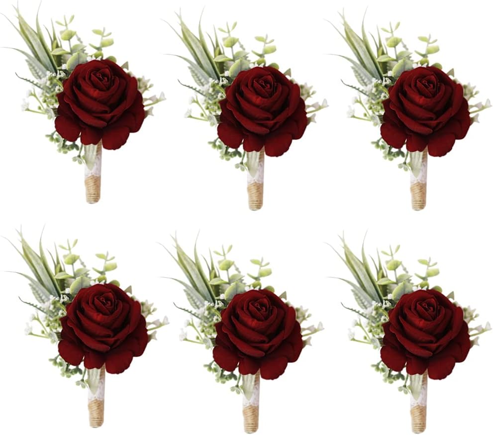 Ansofi Burgundy Boutonniere for Men Set of 6, Wine Red Color