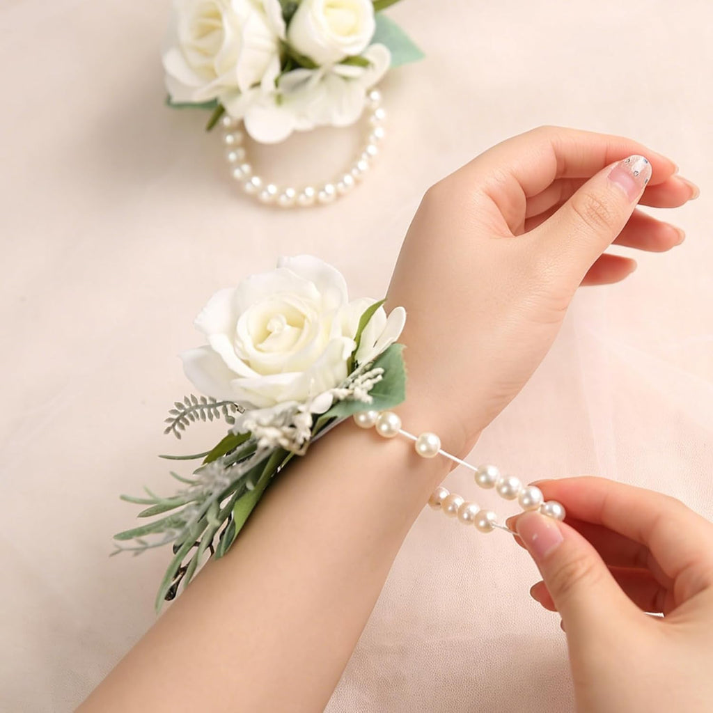 6Pcs Ivory White Faux Silk Rose Women Corsages Wristlet Wedding