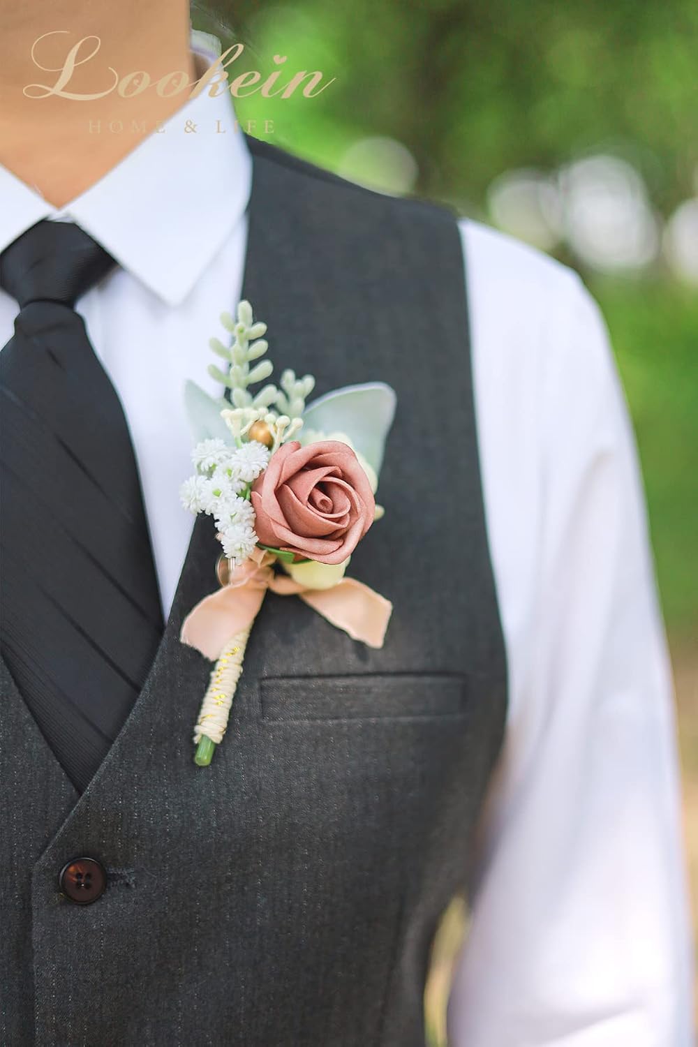 Lookein Set of 2 Wedding Boutonniere for Men Artificial Flowers Wedding Groom Groomsmen Boutonniere for Wedding Ceremony Anniversary Formal Dinner Party, Dusty Rose