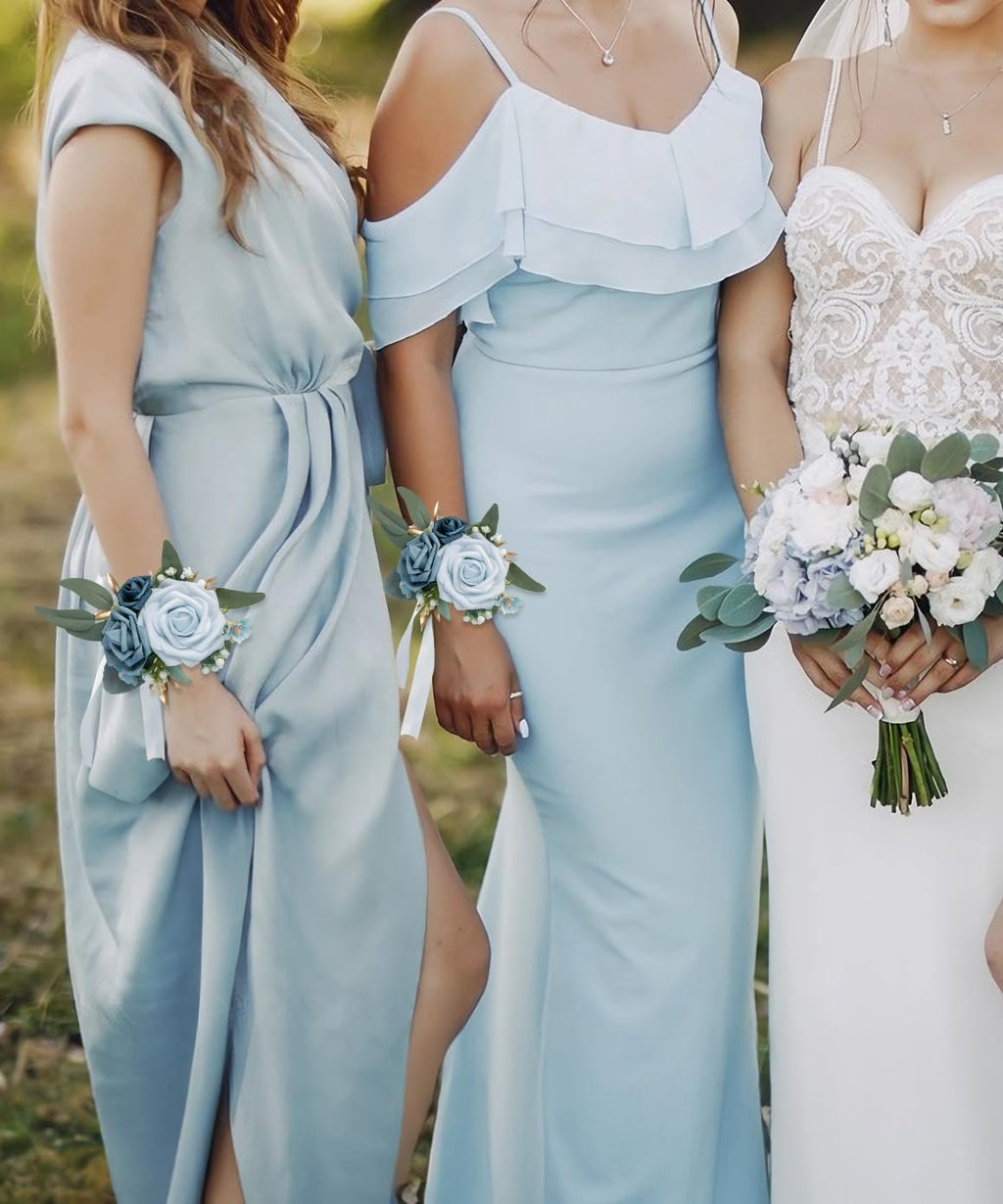 Set of 2 Wrist Corsage Wristlet for Wedding Bridesmaid Mother Grandmother for Bridal Shower Wedding Artificial Roses Flower Prom (Dusty Blue)