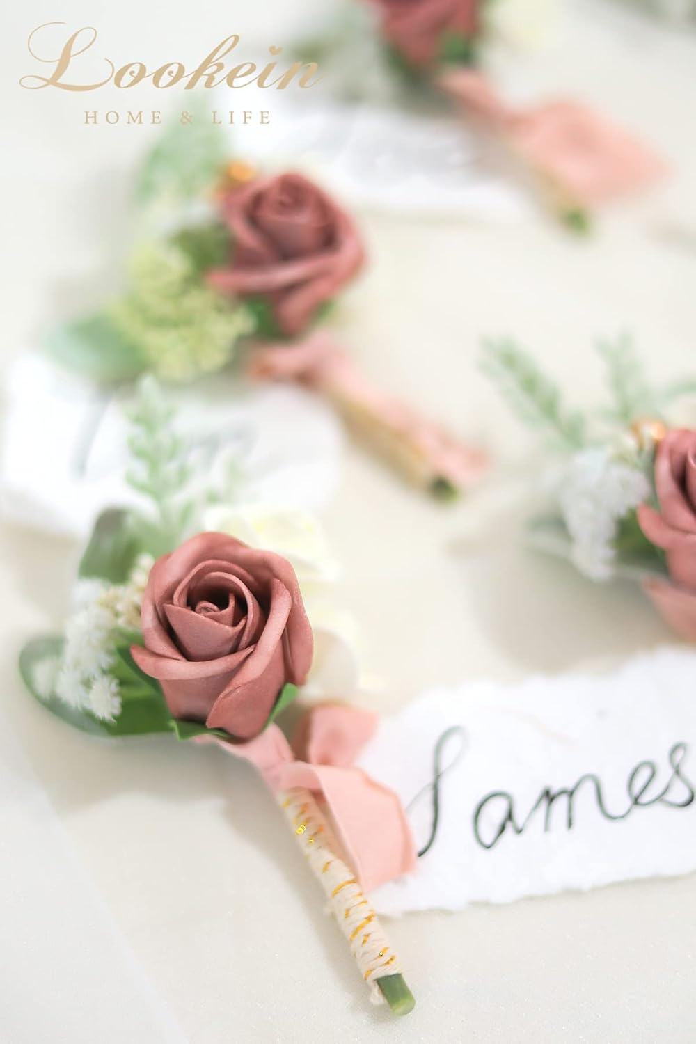 Lookein Set of 2 Wedding Boutonniere for Men Artificial Flowers Wedding Groom Groomsmen Boutonniere for Wedding Ceremony Anniversary Formal Dinner Party, Dusty Rose