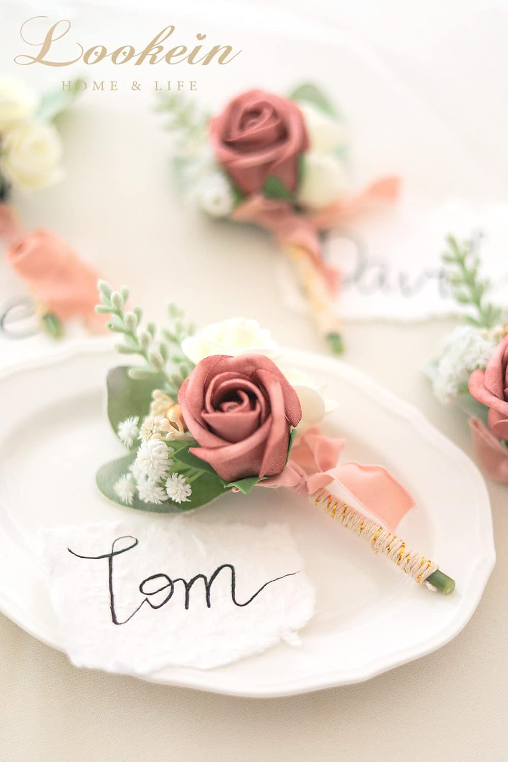 Lookein Set of 2 Wedding Boutonniere for Men Artificial Flowers Wedding Groom Groomsmen Boutonniere for Wedding Ceremony Anniversary Formal Dinner Party, Dusty Rose
