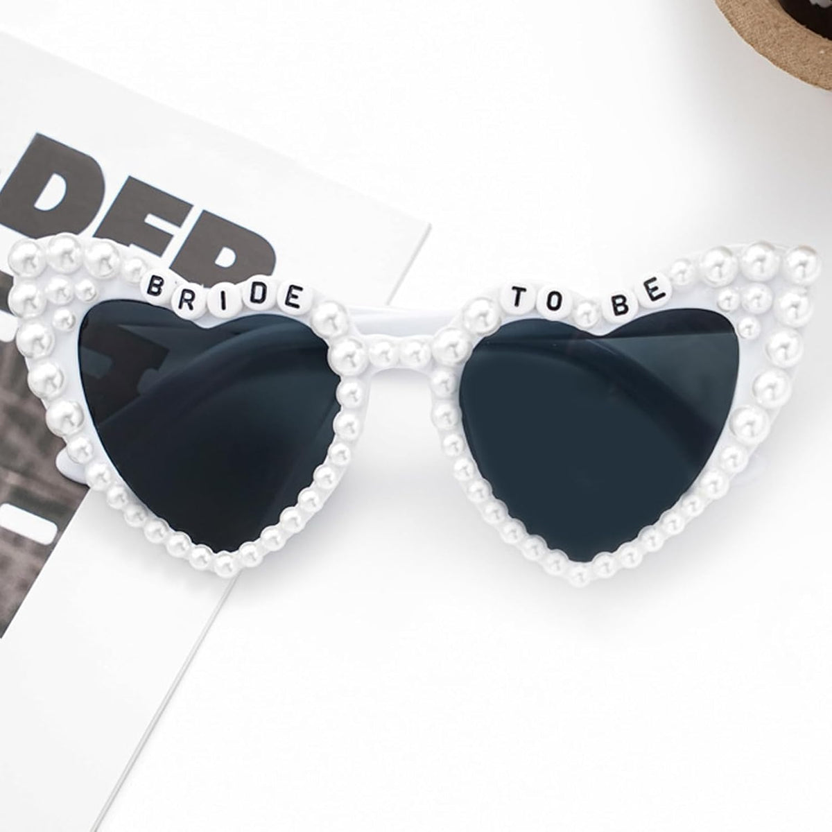 JoyChoi Bachelorette Party Accessories for Bride – 3-Piece Set with Heart Sunglasses, Sash & Pearl Bow Veil – Fun & Cute Bridal Shower Accessories, Engagement Favors & Wedding Gifts for Women