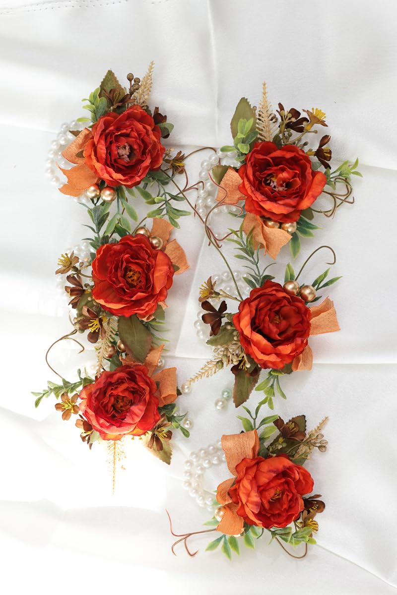 Autumn Caramel Orange Wedding Corsage Set, 6 Pieces, Groom's Boutonniere, Best Man's, Guest Corsages