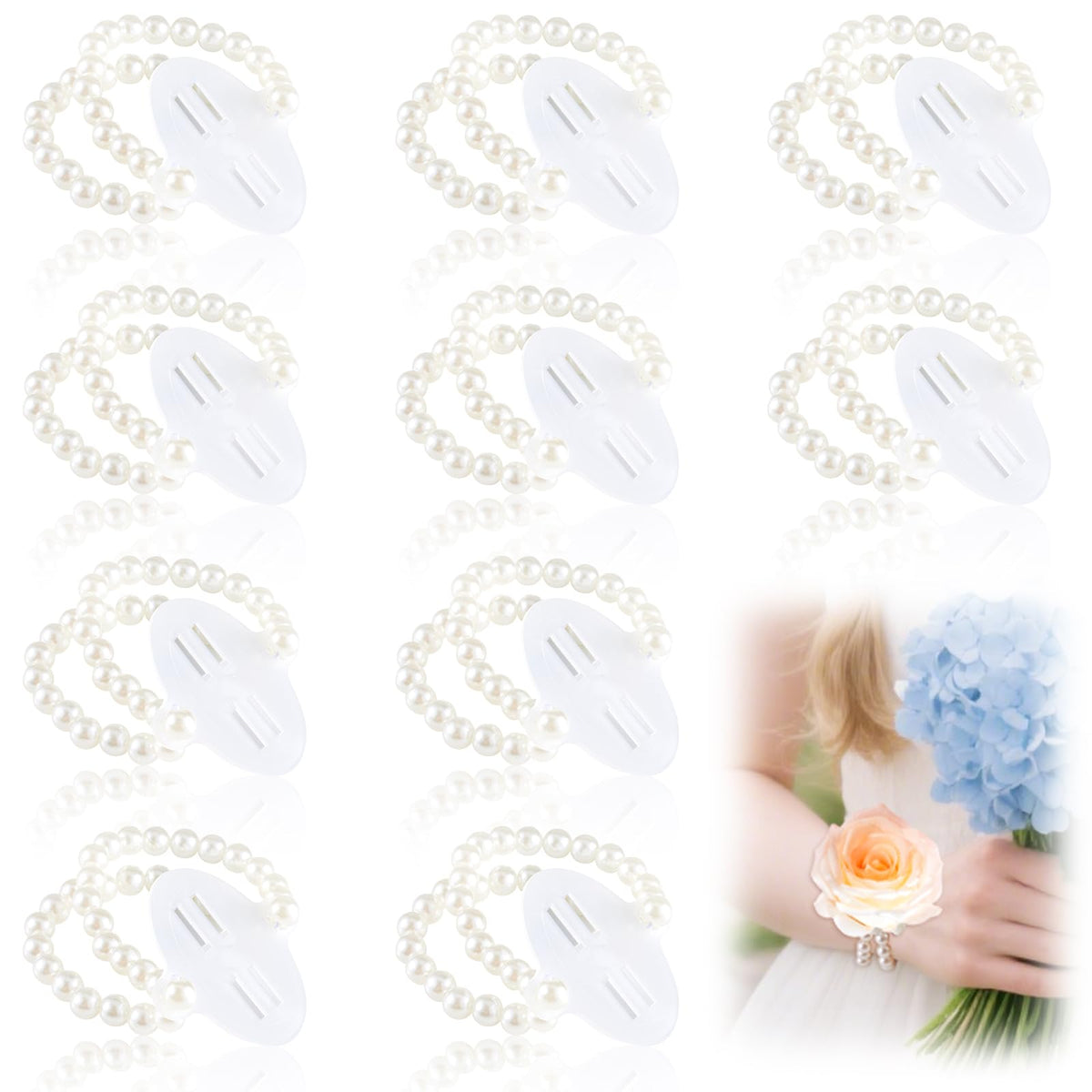 HIONXMGA Corsage Wristlet Band 4 Pcs Pearl Wrist Corsage Bracelets Bands