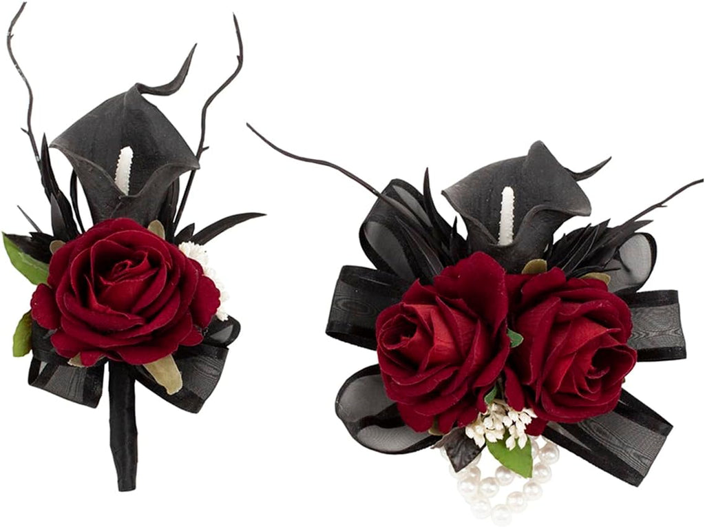 Black Burgundy Corsage and Boutonniere Set for Wedding Prom