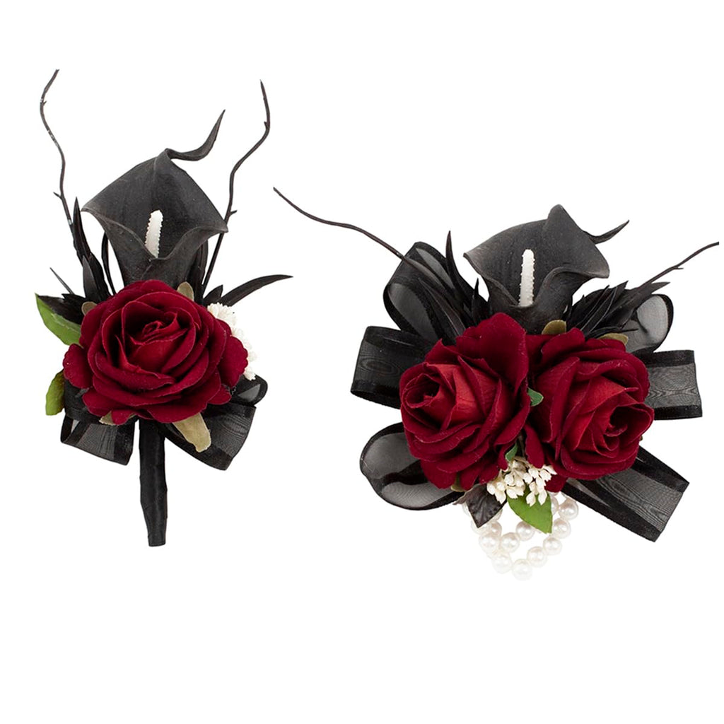 Black Burgundy Corsage and Boutonniere Set for Wedding Prom