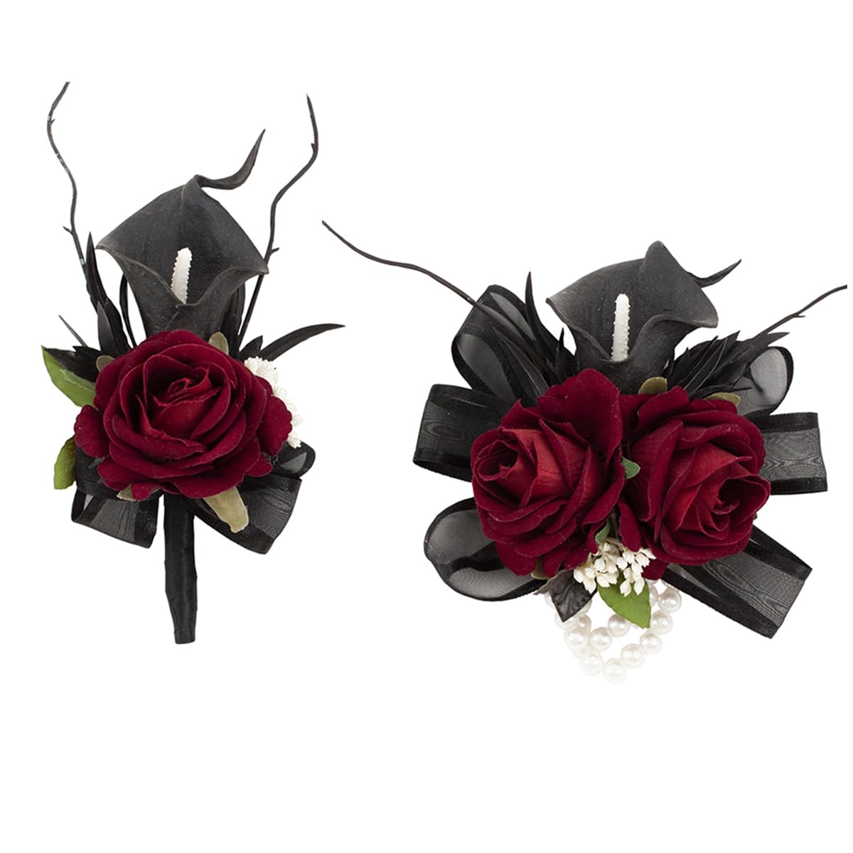 Black Burgundy Corsage and Boutonniere Set for Wedding Prom