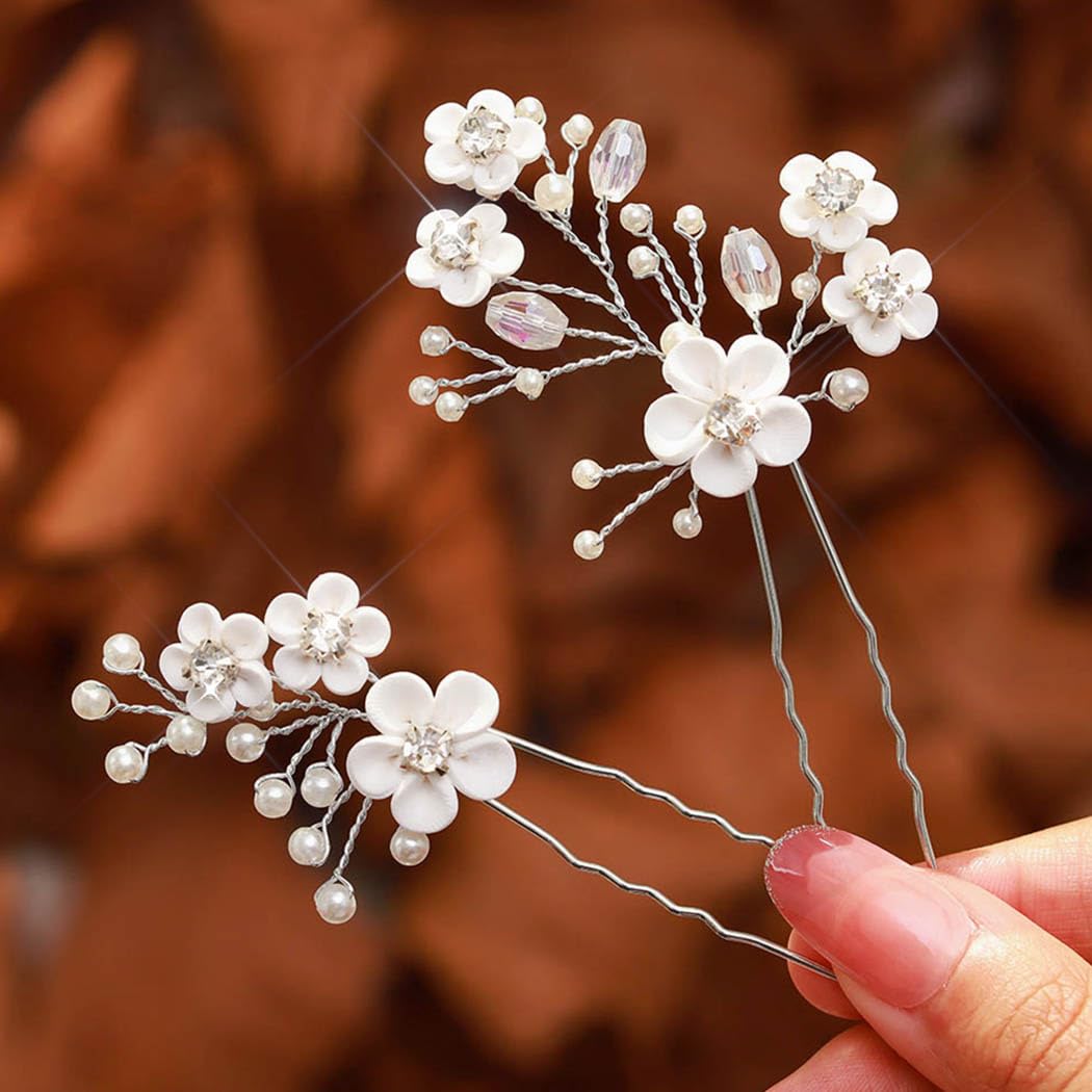 Fstrend Wedding Bridal Hair Pins Bride Flower Pieces Rhinestone Pearls Accessories Clip for Women and Girls
