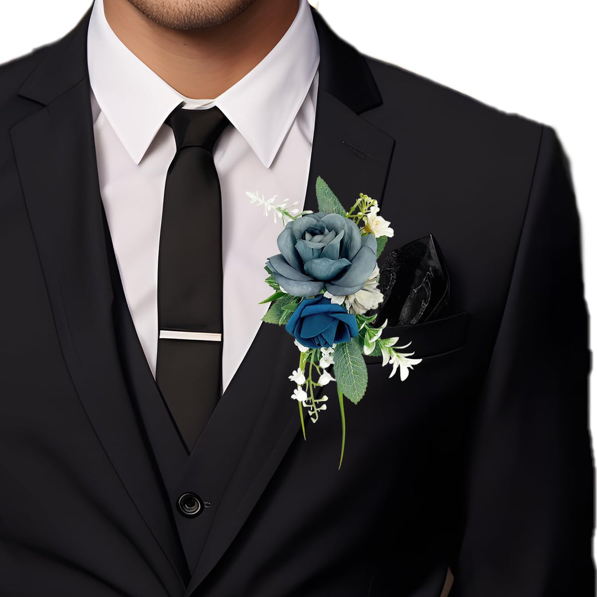 Blue Rose Boutonniere for Men - Single Pocket Pin, 6.7"x4"