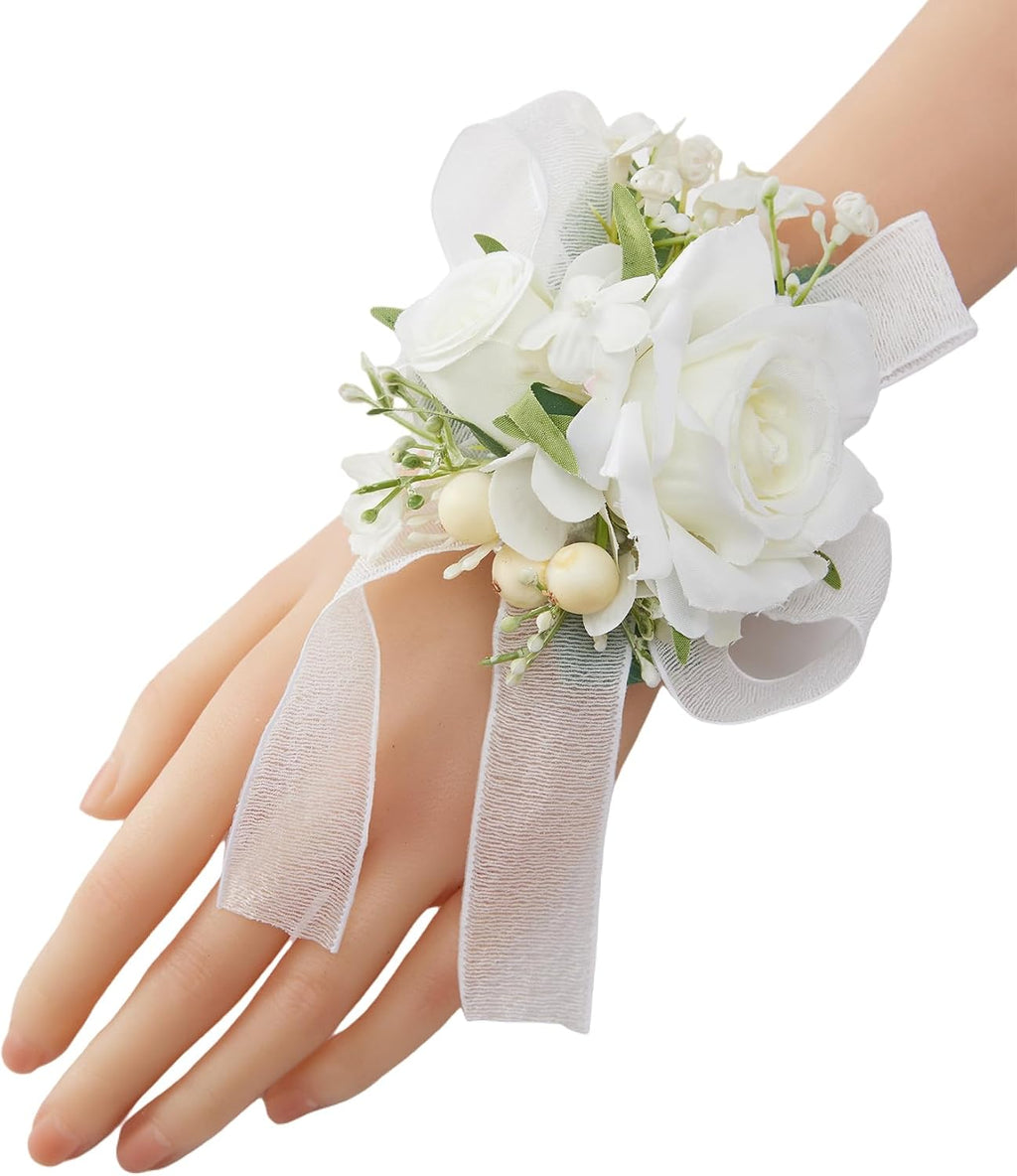 6Pcs White Artificial Silk Rose Wrist Corsages Wedding Prom