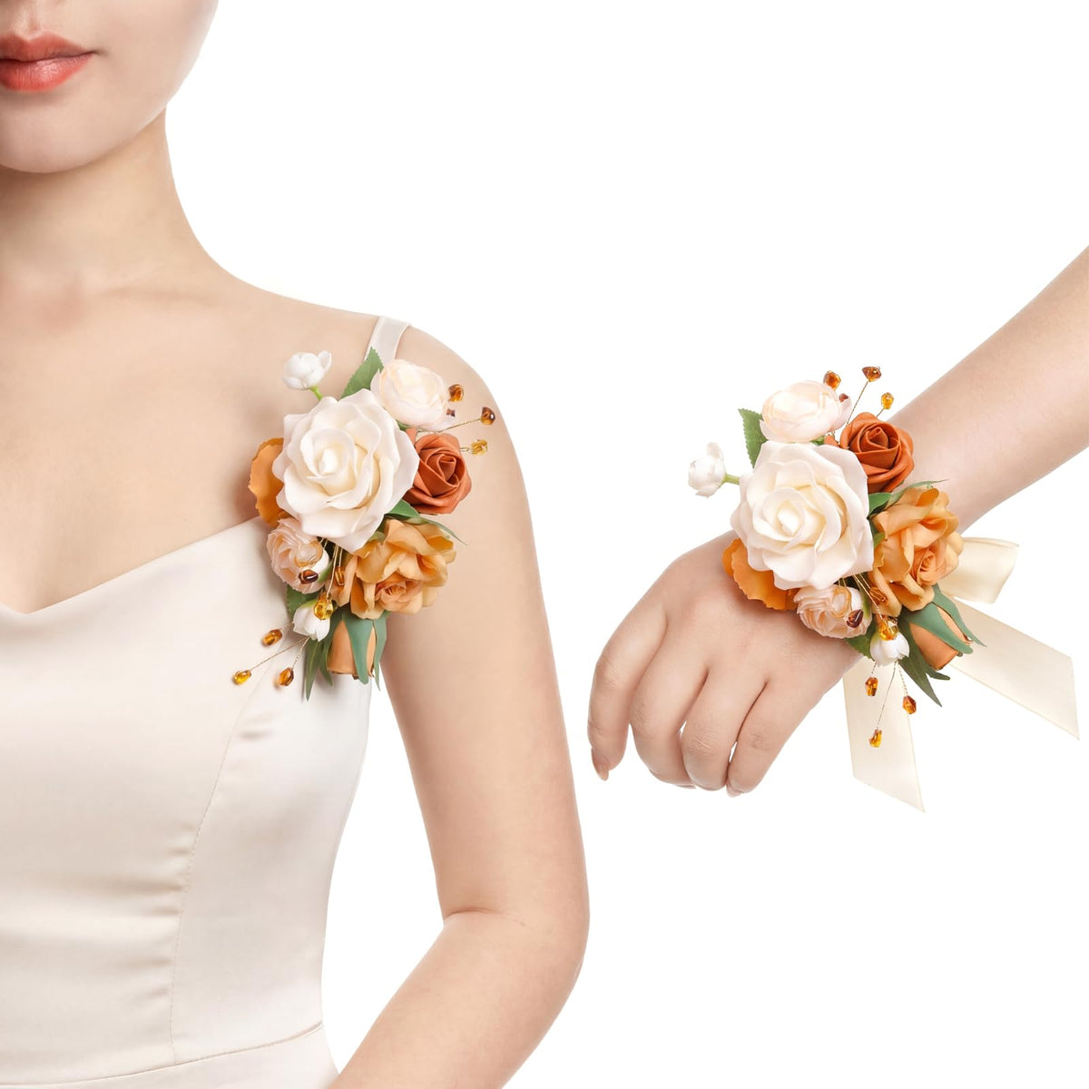 Ling's moment 2pcs Prom Wrist/Shoulder Corsage, Fall Terracotta