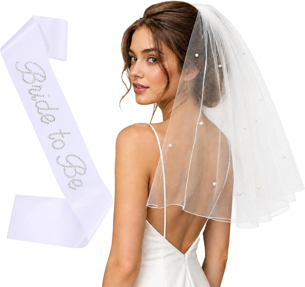 Bride to Be Sash and Veil Set for Bachelorette Party, Bridal Shower Accessories, Engagement Gifts for Bride