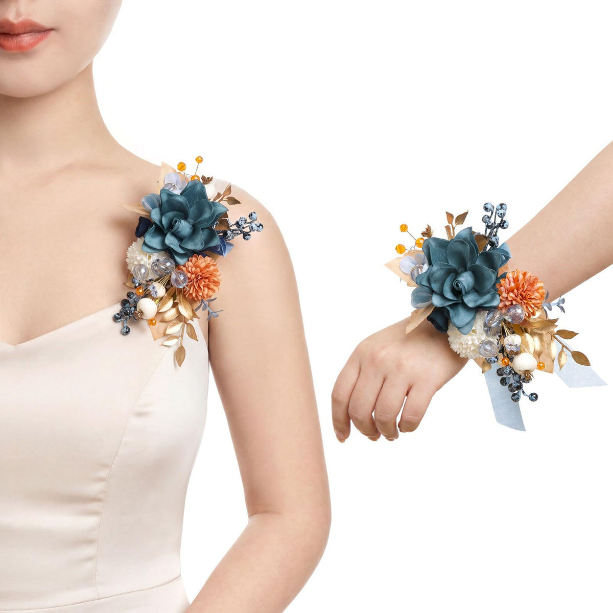 Ling's moment 2pcs Prom Wrist/Shoulder Corsage, Fall Terracotta