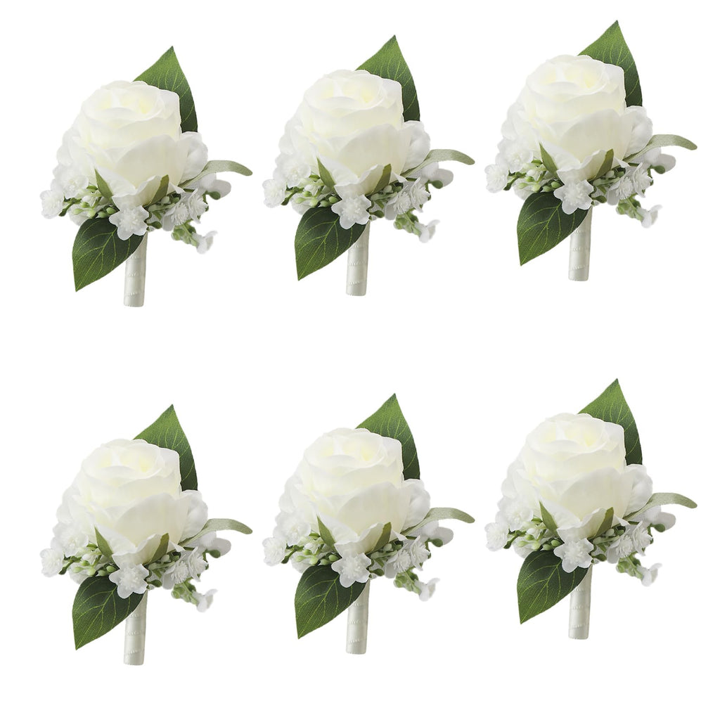 6Pcs Ivory White Faux Rose Wrist Corsages for Wedding, Dance Party