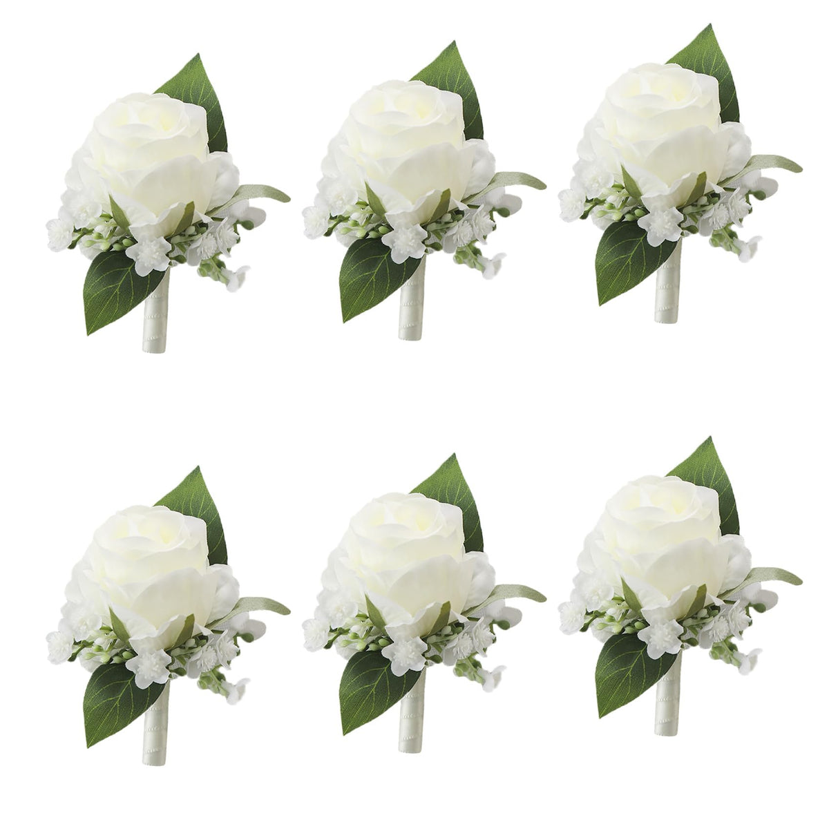 6Pcs Ivory White Faux Rose Wrist Corsages for Wedding, Dance Party