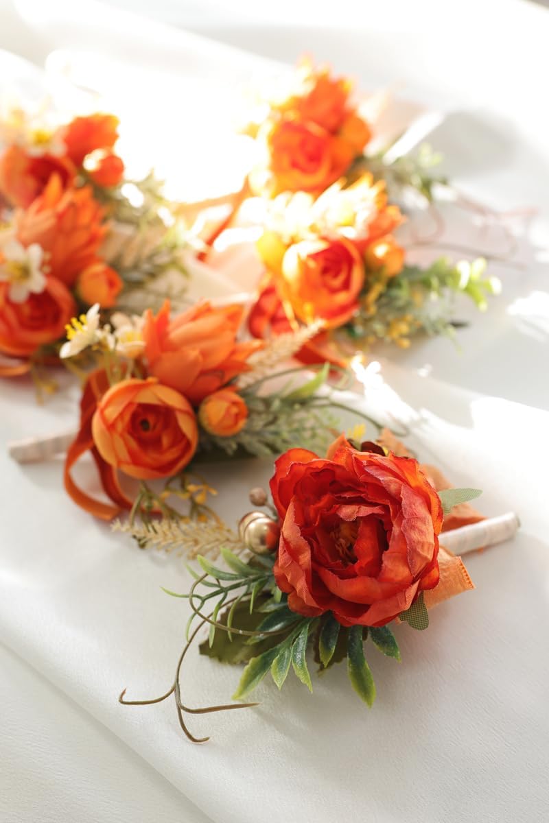 Autumn Caramel Orange Wedding Corsage Set, 6 Pieces, Groom's Boutonniere, Best Man's, Guest Corsages