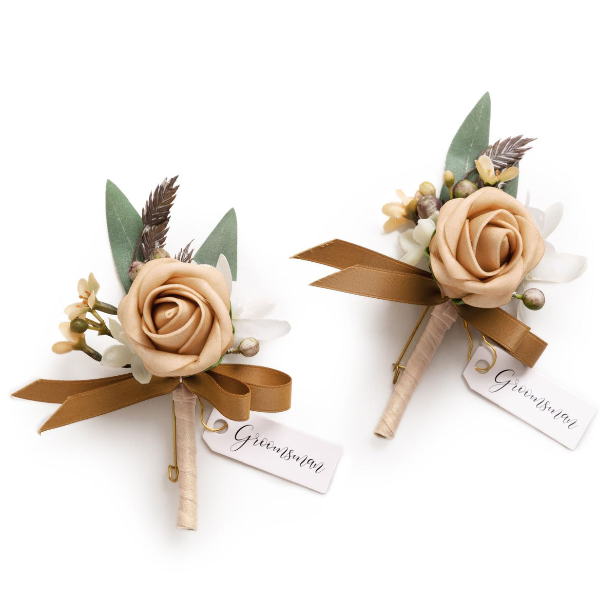 Ling's moment Boutonniere for Men, 2pcs, White Ivory