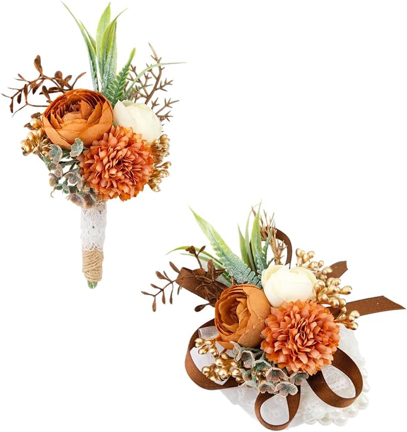 Ansofi Terracotta Corsage and Boutonniere Set Artificial Rose Flower