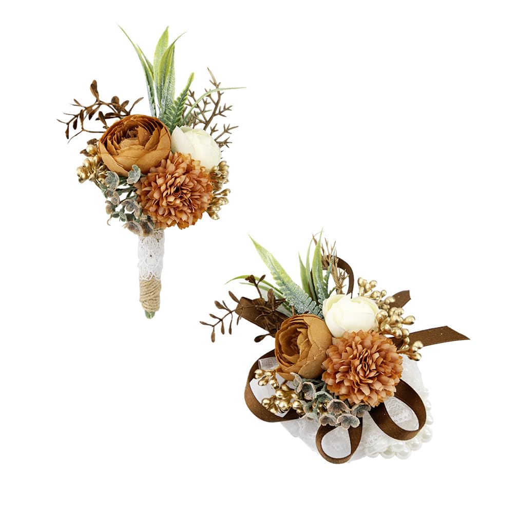 Ansofi Terracotta Corsage and Boutonniere Set Artificial Rose Flower
