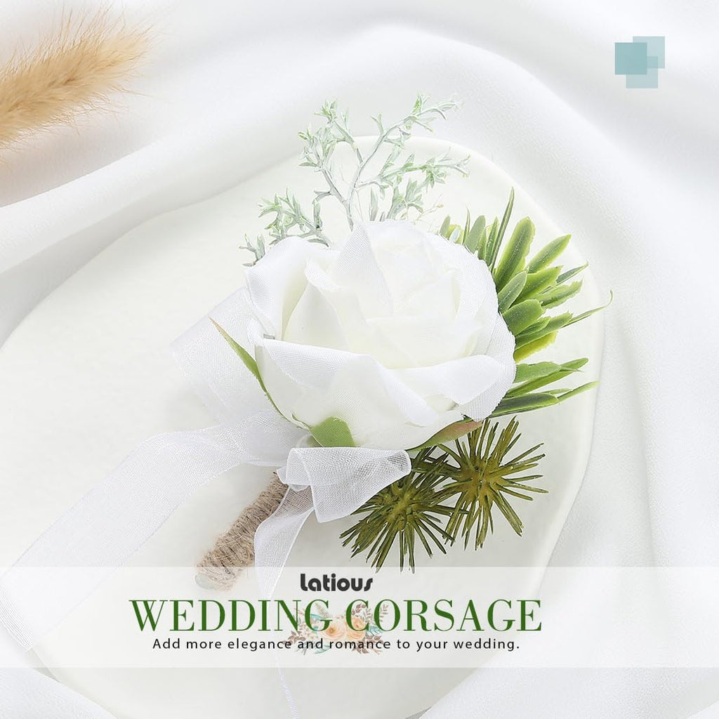Wedding Rose Boutonniere White Groom Flower Men's Boutineer Prom Buttonholes Party Suit Decor Anniversary Accessories for Bridegroom and Man (A- White)