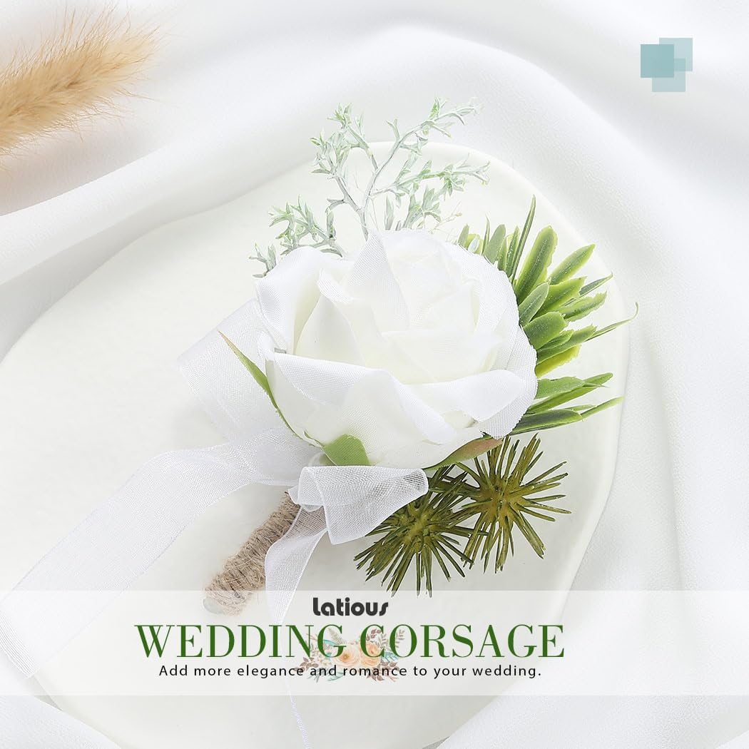 Wedding Rose Boutonniere White Groom Flower Men's Boutineer Prom Buttonholes Party Suit Decor Anniversary Accessories for Bridegroom and Man (A- White)