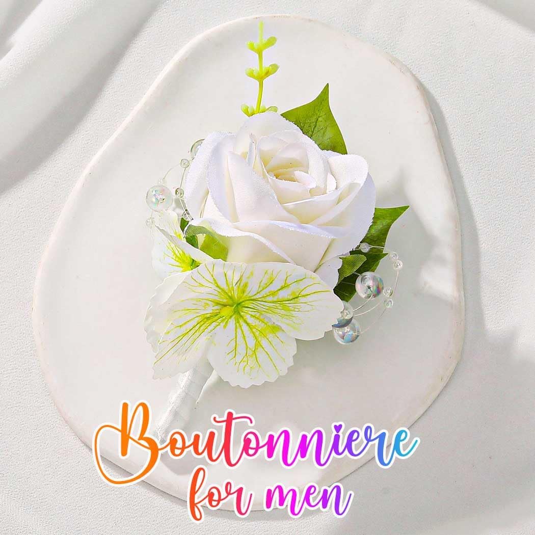 Wedding Flower Boutonniere Groom Rose Buttonholes Prom Suit Decoration for Men (White)